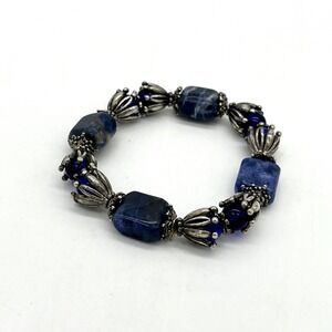Beaded Stretch Bracelet Blue Sodalite Gemstone Silver Tone Accents‎